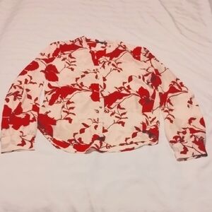 Fashion Nova Floral Red & White Button Down V-Neck Blouse, Size: XS